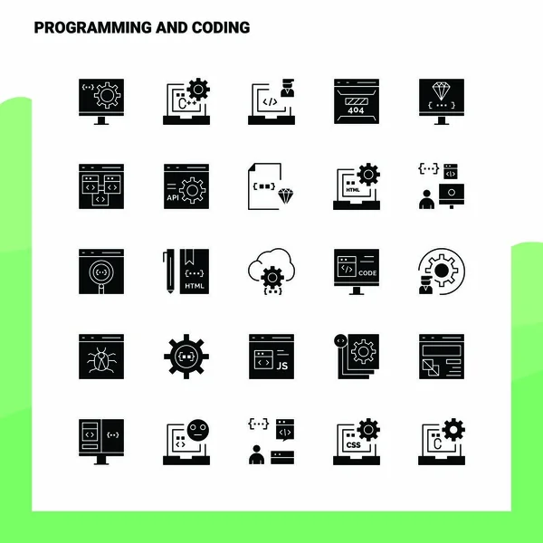 25 Conjunto de iconos de programación y codificación. Solid Glyph Icon Vector Illu — Vector de stock