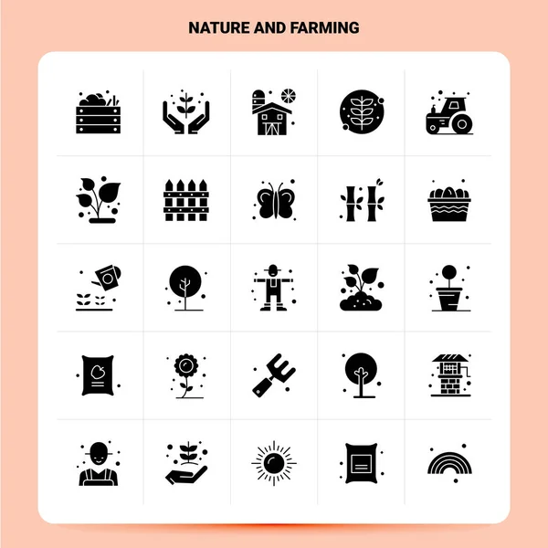 Fast 25 natur och jordbruk ikonen set. Vektor Glyf Style Design — Stock vektor