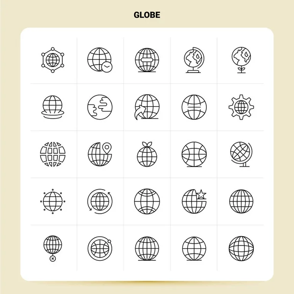 Esquema 25 Globe Icon set. Vector Línea Estilo Diseño Iconos Negro — Archivo Imágenes Vectoriales