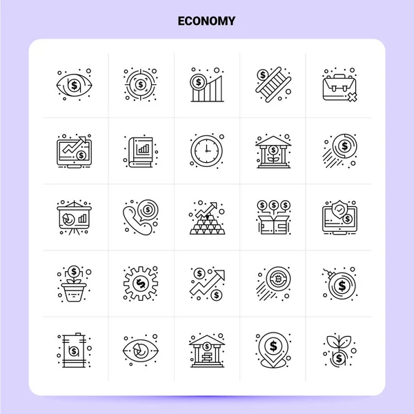 Esboço 25 Conjunto de ícones da economia. Vector Linha Estilo Design Ícone Preto — Vetor de Stock