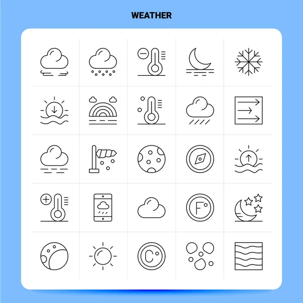 Esquema 25 Conjunto de iconos meteorológicos. Vector línea estilo diseño negro icono — Vector de stock