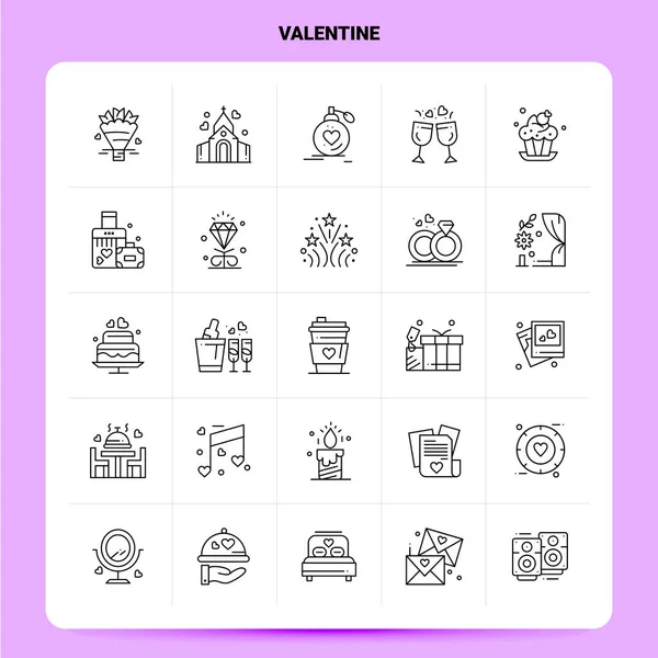 Obrys 25 Valentine Icon set. Návrh stylu vektorové čáry černý Ic — Stockový vektor