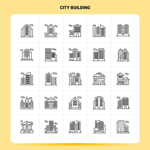 Esquema 25 Conjunto de iconos del edificio urbano. Línea vectorial estilo diseño Blac — Vector de stock