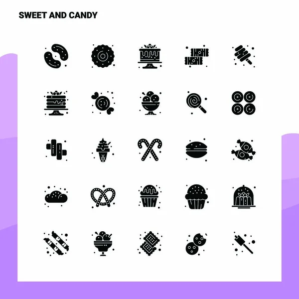 25 set Sweet and Candy Icon. Icona del glifo solido Vettore Illustratio — Vettoriale Stock