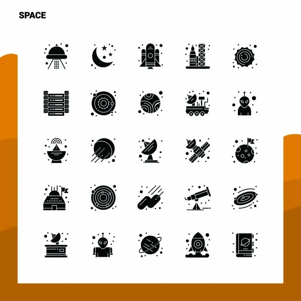 Set di 25 Icone Spaziali. Modello di illustrazione vettoriale dell'icona del glifo solido — Vettoriale Stock