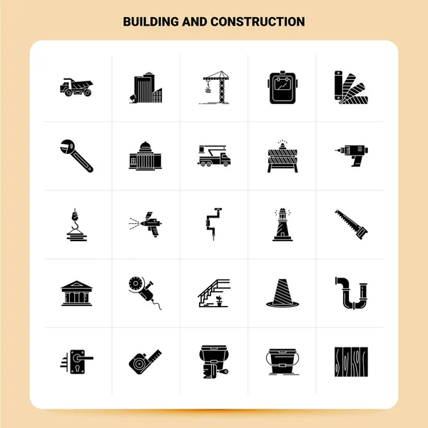 Sólido 25 Conjunto de iconos de construcción y construcción. Estilo de glifo vectorial — Vector de stock