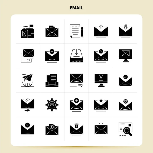 Solide 25 E-Mail Icon Set. Vektor-Glyphen-Stil Design schwarze Symbole — Stockvektor