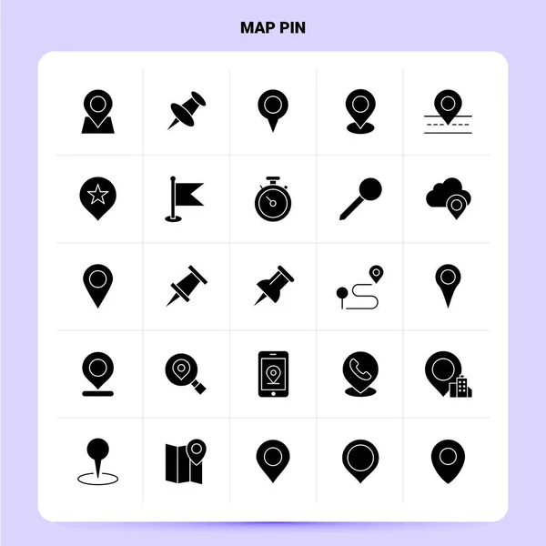 Solid 25 map pin icoon set. Vector Glyph Style Ontwerp Zwarte Pictogrammen — Stockvector