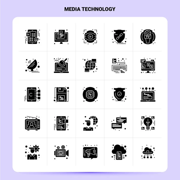 Solide 25 Media Technology Icône ensemble. Conception vectorielle de style glyphe Bl — Image vectorielle