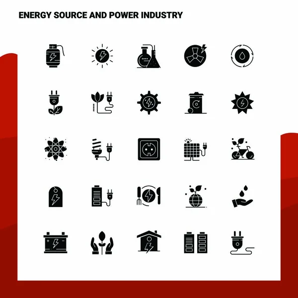 25 Fonte de energia e conjunto de ícones da indústria de energia. Ícone V do glifo sólido — Vetor de Stock
