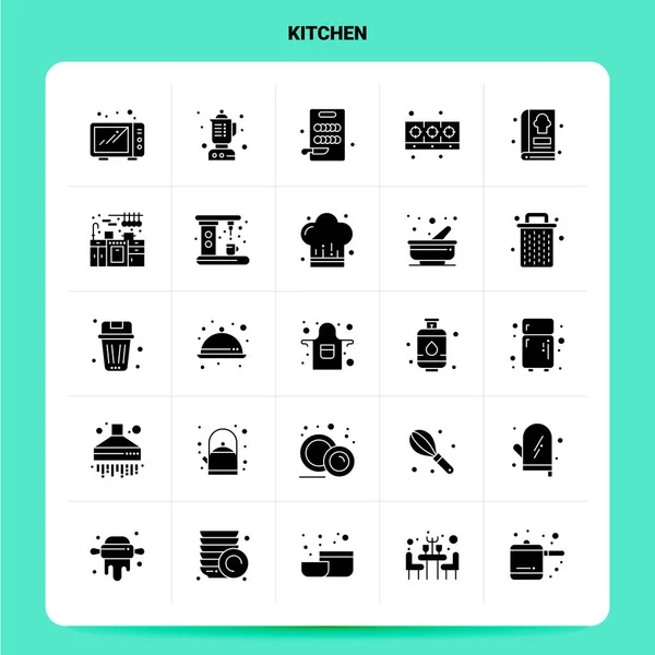 Pevná 25 Kuchyňská sada ikon. Černé ikony stylu vektoru Glyph — Stockový vektor