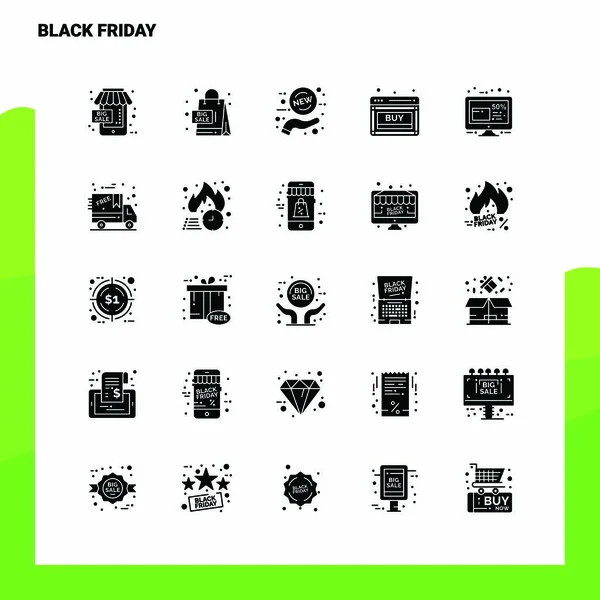 25 Black Friday Icon set. Ilustração do vetor do ícone do glifo sólido T — Vetor de Stock