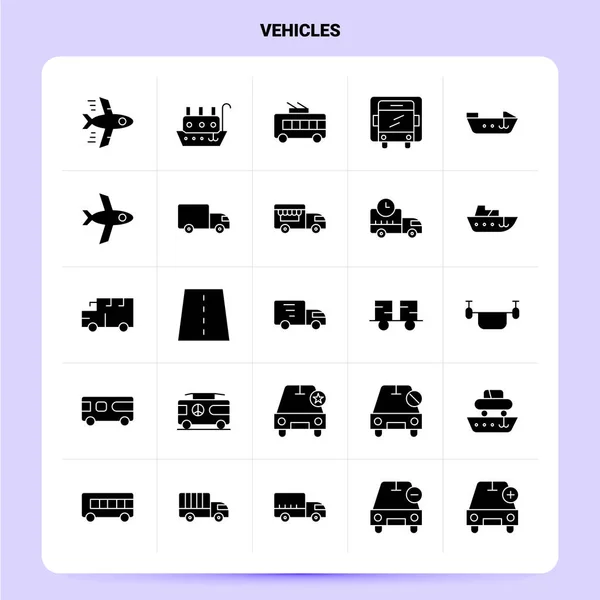 Solide 25 Fahrzeuge Icon Set. Vektor-Glyphen-Stil Design schwarzes Symbol — Stockvektor