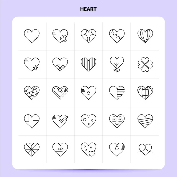 Redogör för 25 hjärta ikonen set. Vektor linje stil design svarta ikoner — Stock vektor