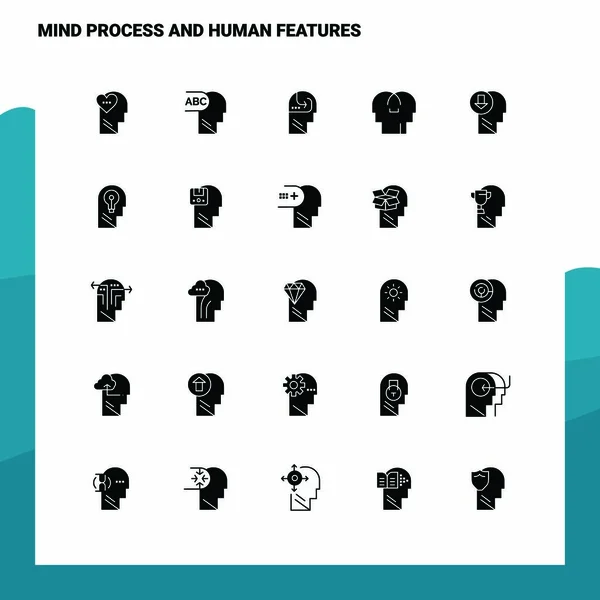 25 Mind Process και ανθρώπινα χαρακτηριστικά Εικονίδιο σετ. Στερεά Glyph εικονίδιο Ve — Διανυσματικό Αρχείο