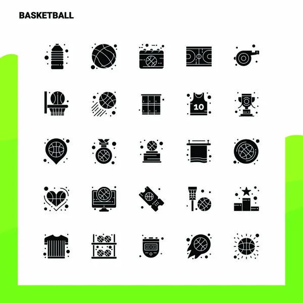 25 Μπάσκετ Εικονίδιο σετ. Στερεά Glyph εικονίδιο διάνυσμα εικονογράφηση Tem — Διανυσματικό Αρχείο