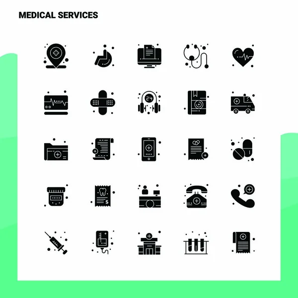 25 Zestaw ikon usług medycznych. Solidne Ikona Ikony Glyph wektor Illustrati — Wektor stockowy