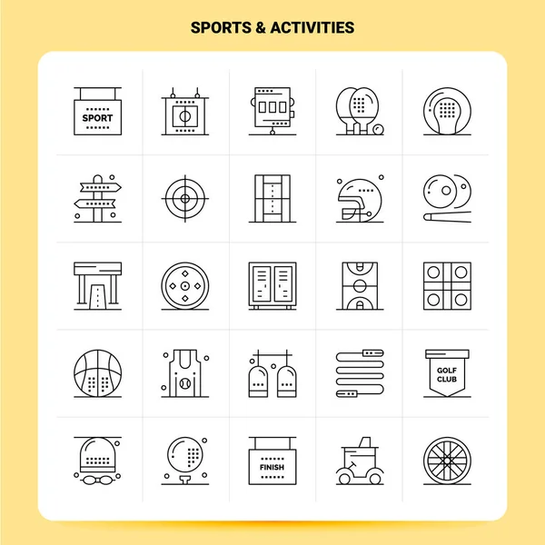 Esquema 25 Deportes y Actividades Conjunto de iconos. Diseño de estilo de línea vectorial — Vector de stock