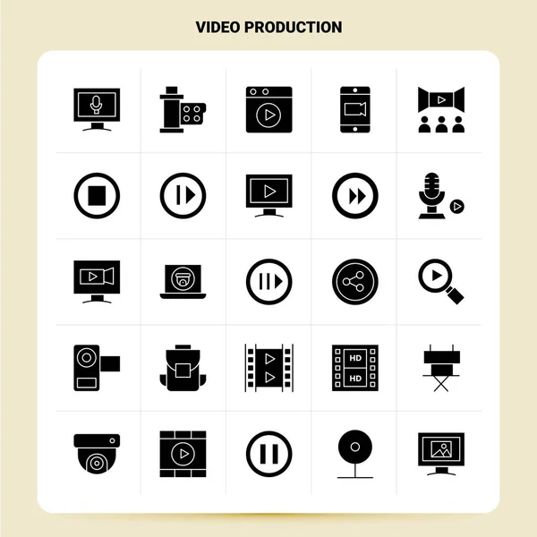 Solid 25 Video Productie Pictogram set. Vector Glyph Style Ontwerp Bl — Stockvector