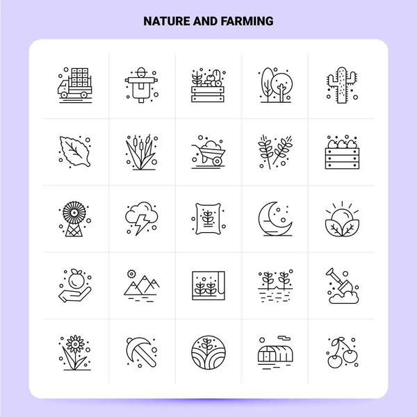 Esquema 25 Conjunto de iconos de naturaleza y agricultura. Diseño de estilo Vector Line — Vector de stock