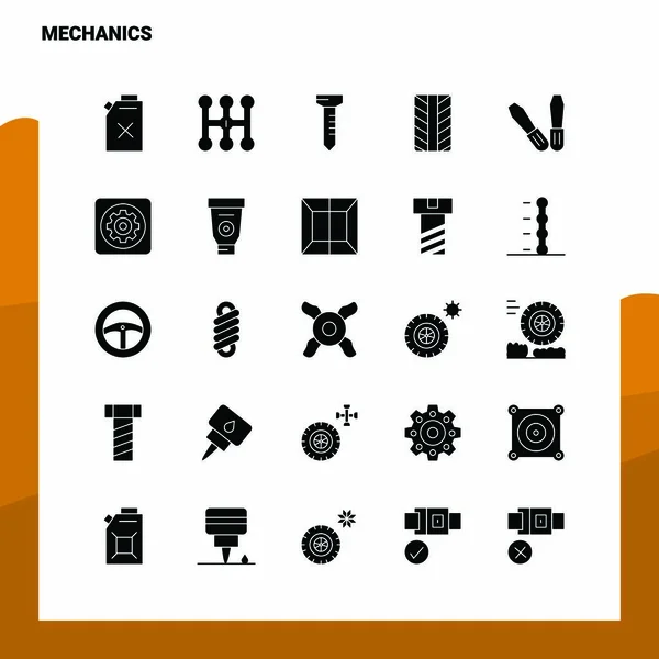 25 Mechanica Icoon set. Solid Glyph Icon Vector Illustratie Temp — Stockvector