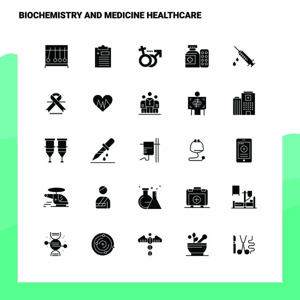 25 Bioquímica y Medicina Conjunto de iconos sanitarios. Glifo sólido Ic — Archivo Imágenes Vectoriales