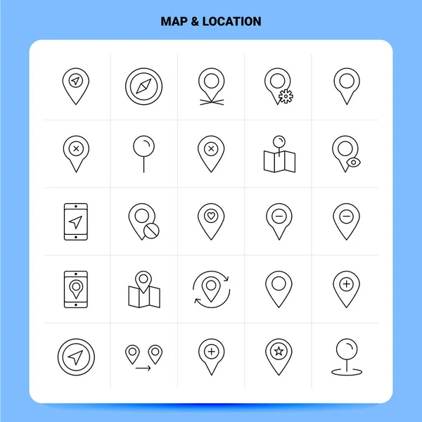 OutLine 25 Map & Location Icon set. Vector Line Style Design Bla — 스톡 벡터