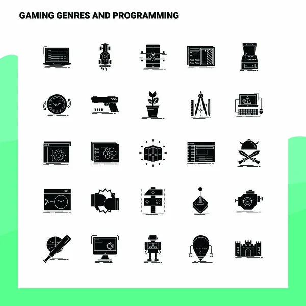 25 Genres de jeu et Icône de programmation ensemble. Icône de glyphe solide Vect — Image vectorielle