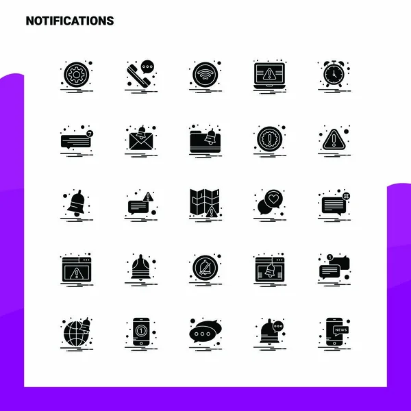 25 Notificações Icon set. Ilustração do vetor do ícone do glifo sólido — Vetor de Stock