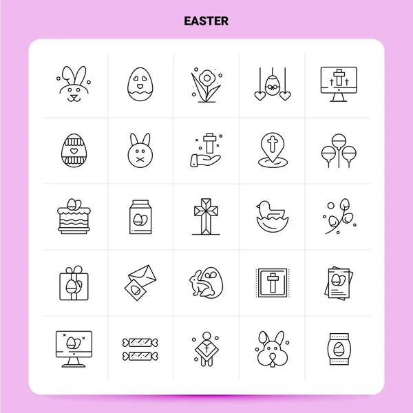 Esquema 25 Conjunto de iconos de Pascua. Vector Línea Estilo Diseño Iconos Negro — Vector de stock
