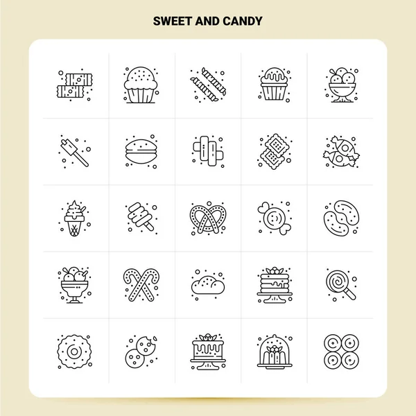 Umriss 25 Süßigkeiten und Süßigkeiten-Symbol-Set. Vektor Linie Stil Design bl — Stockvektor