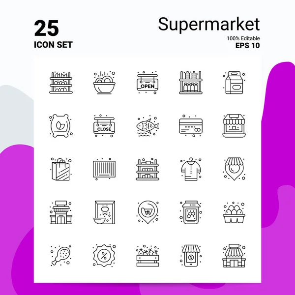 25 Supermarket Icon Set. 100% editovatelné soubory Eps10. Business Lo — Stockový vektor