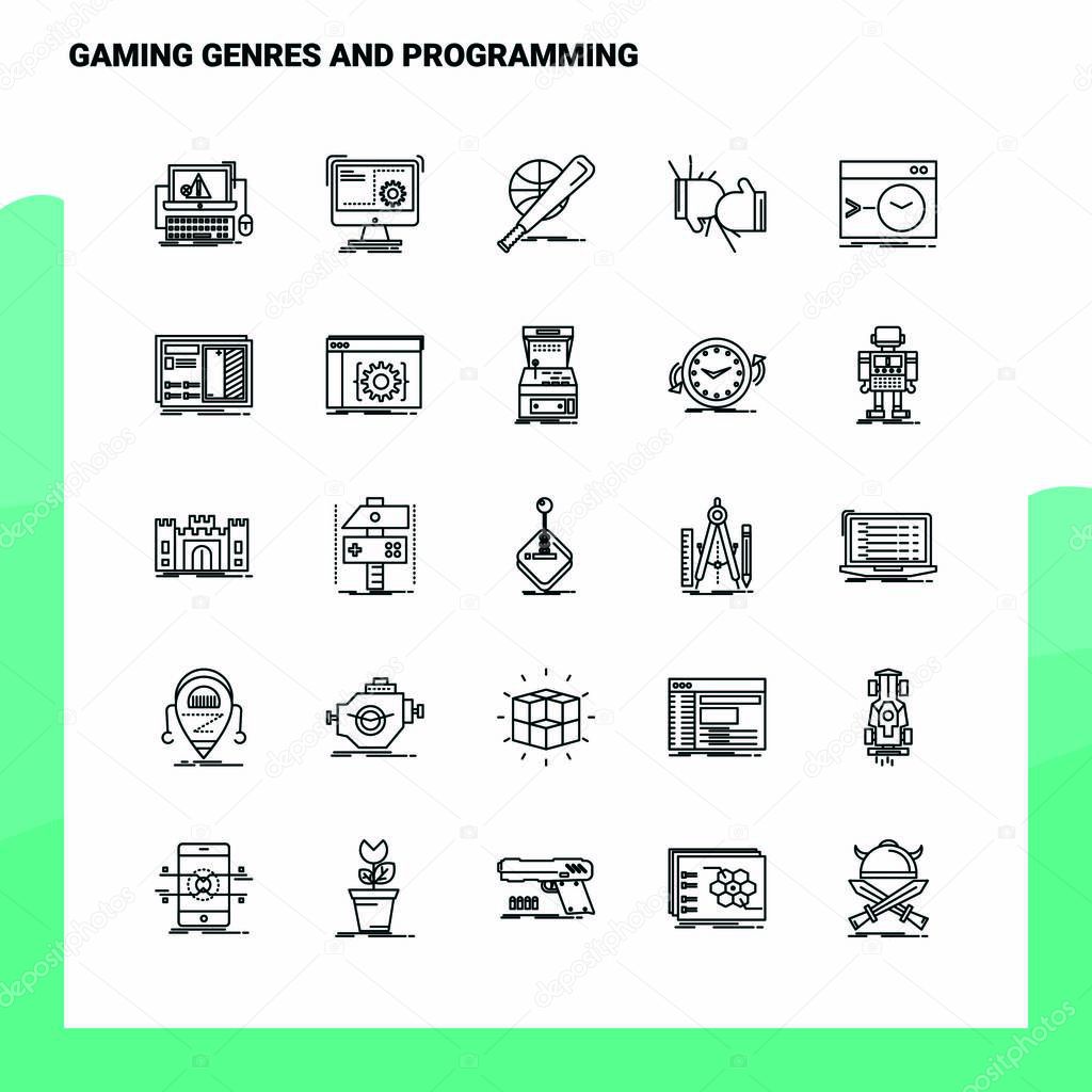 Set of Gaming Genres And Programming Line Icon set 25 Icons. Vec