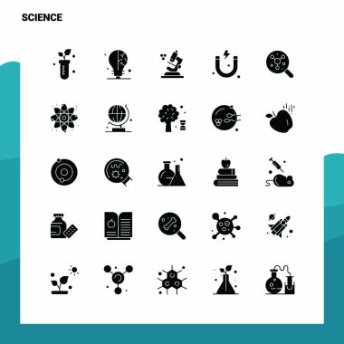 25 Bilim Simgesi seti. Solid Glyph Simge Vektör İllüstrasyonu Templa