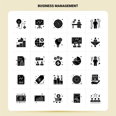 Katı 25 İş Yönetimi Simgesi ayarlandı. Vektör Kabartma Biçimi Tasarımı