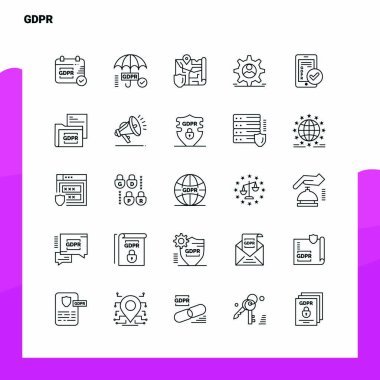 Gdpr Satır Simgesi seti 25 Simge ayarladı. Vektör Minimalizm Biçimi Desi