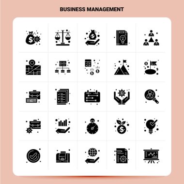 Katı 25 İş Yönetimi Simgesi ayarlandı. Vektör Kabartma Biçimi Tasarımı