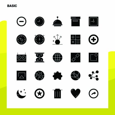 25 Temel Simge seti. Solid Glyph Simge Vektör İllüstrasyon Şablonu