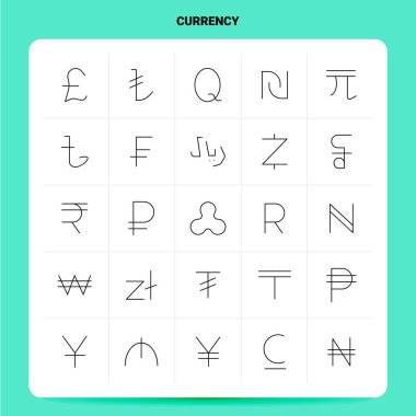 Taslak 25 Para Birimi Simgesi ayarlandı. Vektör Satırı Biçimi Tasarımı Siyah Ico