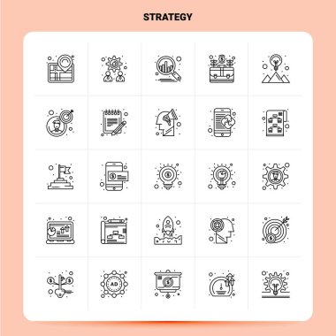 Taslak 25 Strateji Simgesi seti. Vektör Satırı Biçimi Tasarımı Siyah Ico