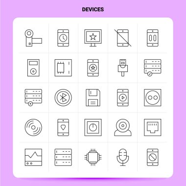 Taslak 25 Aygıt Simgesi ayarlandı. Vektör Satırı Biçimi Tasarımı Siyah Simge