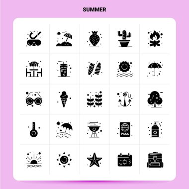 25 Yaz Simgesi seti. Vektör Kabartma Biçimi Tasarımı Siyah Simgeler 