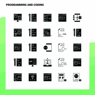 25 programlama ve kodlama simgesi ayarlandı. Solid Glyph Simge Vektörü Illu