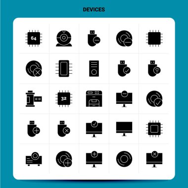 Katı 25 Aygıt Simgesi ayarlandı. Vektör Kabartma Biçimi Tasarımı Siyah Simgeler