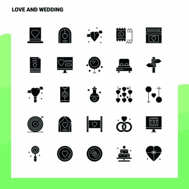 25 Aşk ve Düğün Simgesi seti. Solid Glyph Simge Vektörü Illustrati