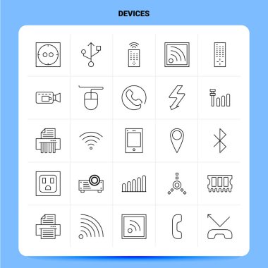 Taslak 25 Aygıt Simgesi ayarlandı. Vektör Satırı Biçimi Tasarımı Siyah Simge