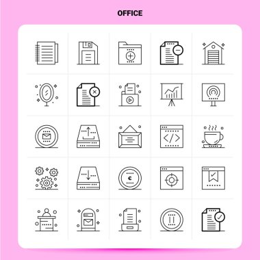 Taslak 25 ofis simgesi ayarlandı. Vektör Satırı Biçim Tasarımı Siyah Simgeler
