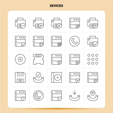 Taslak 25 Aygıt Simgesi ayarlandı. Vektör Satırı Biçimi Tasarımı Siyah Simge
