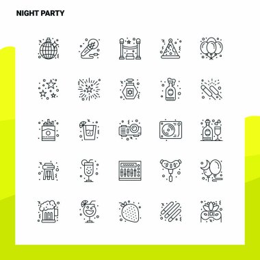 Night Party Line Icon seti 25 Simge 'yi ayarladı. Vektör Minimalizm Sty