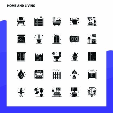 25 Home and Living Icon seti. Solid Glyph Simge Vektör İllüstrasyonu